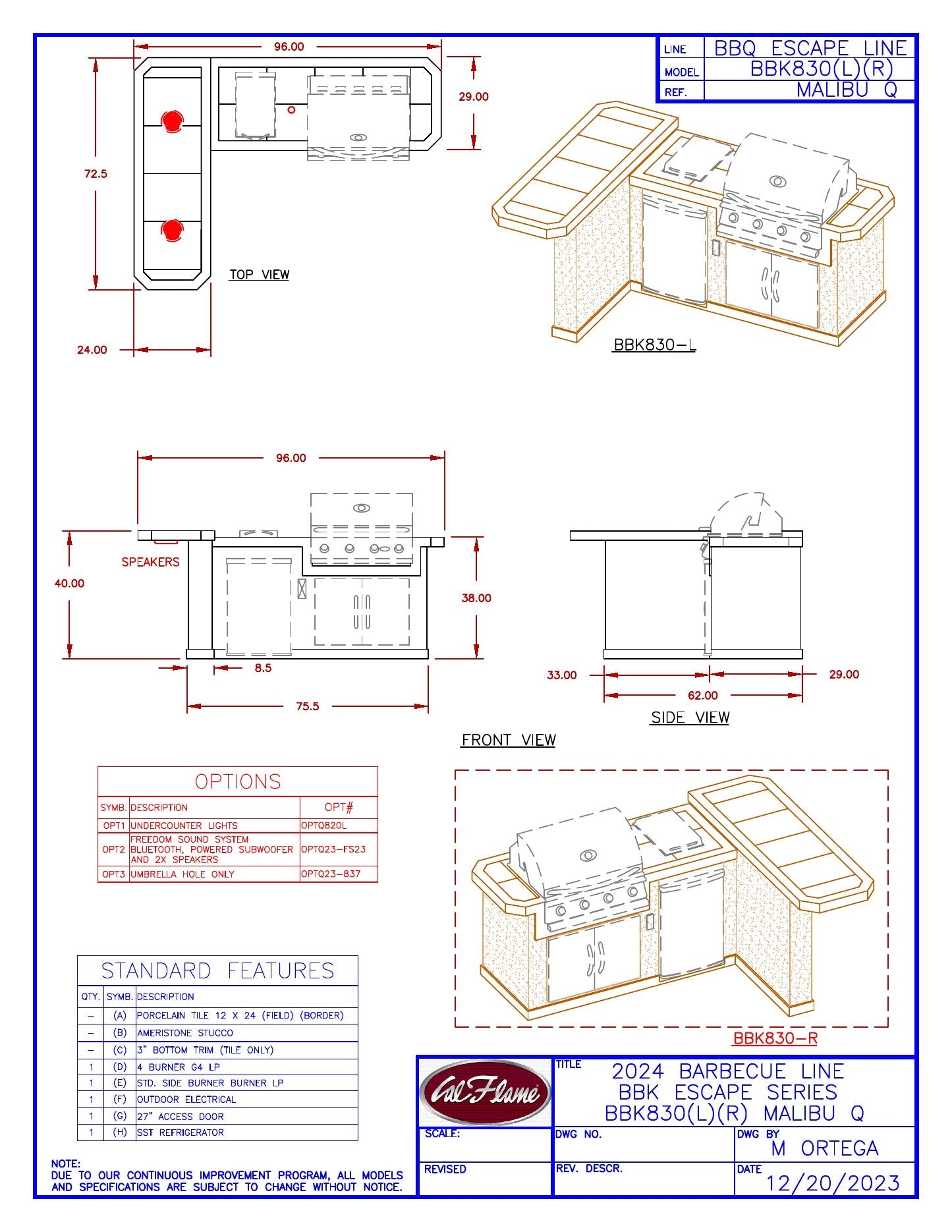 Cal Flame Malibu Q BBK830 line drawing with dimensions, left and right hand