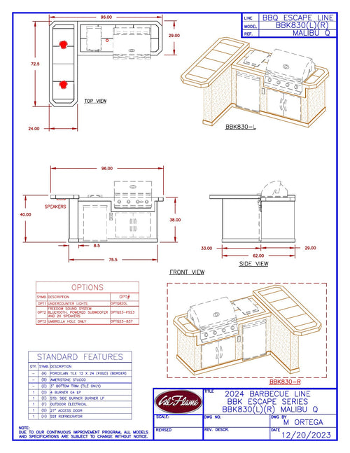 Cal Flame Malibu Q BBK830 line drawing with dimensions, left and right hand