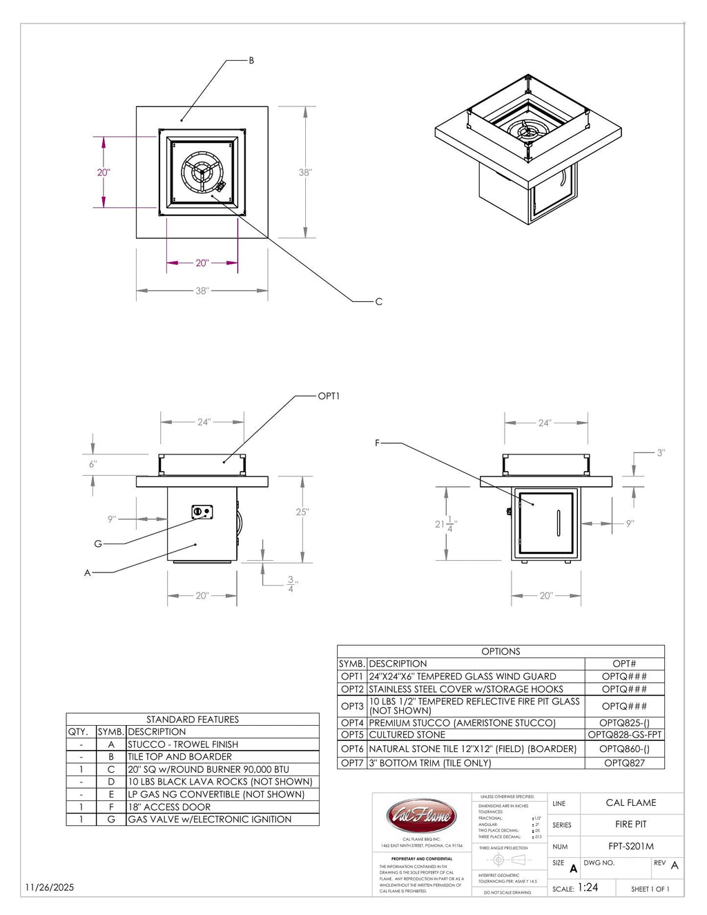 Cal Flame Mesa S201M fire pit line drawing with dimensions