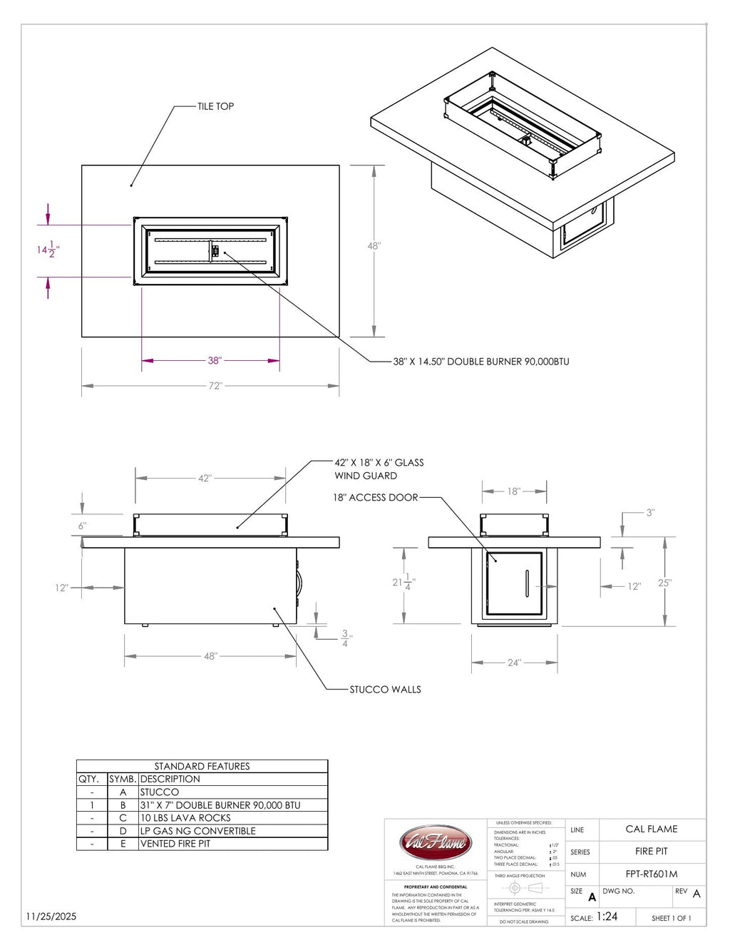 Cal Flame Mojave RT601M fire pit line drawing with dimensions