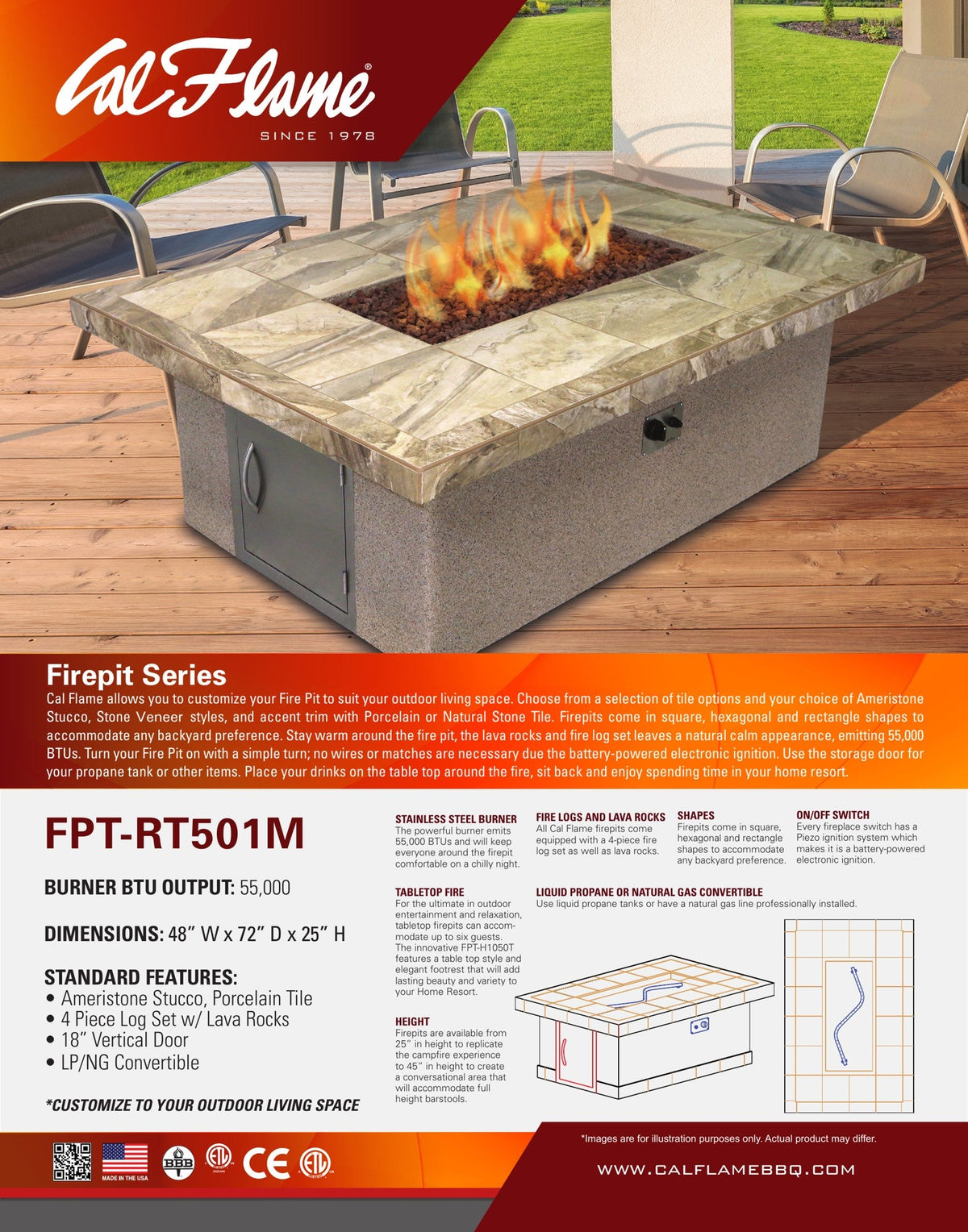 Cal Flame Phoenix RT501M fire pit line drawing with dimensions