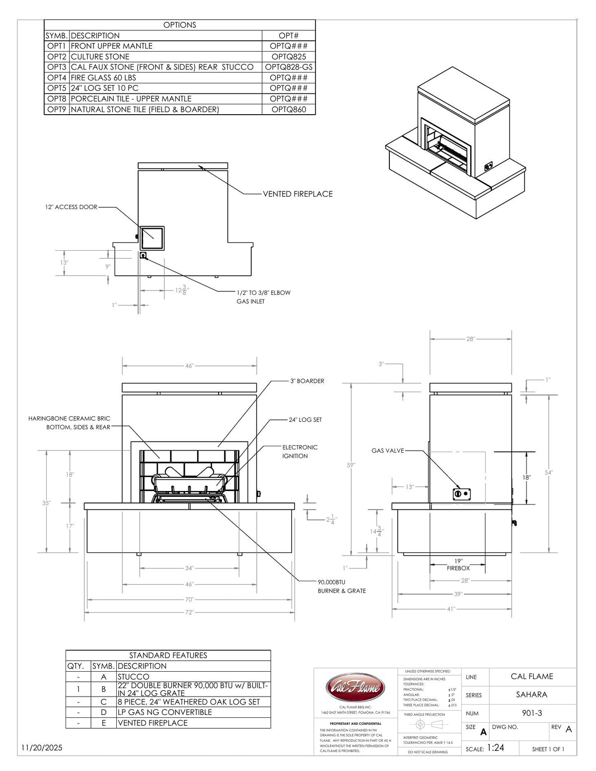 Cal Flame Sahara FRP-901-3 fireplace line drawing with dimensions