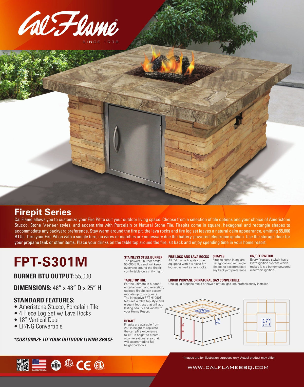 Cal Flame Sedona S301M fire pit line drawing with dimensions
