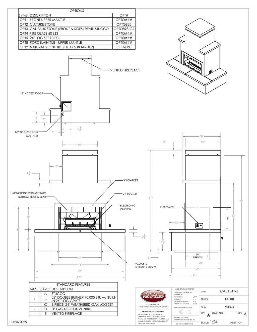Cal Flame Tahiti FRP-903-3 fireplace line drawing with dimensions